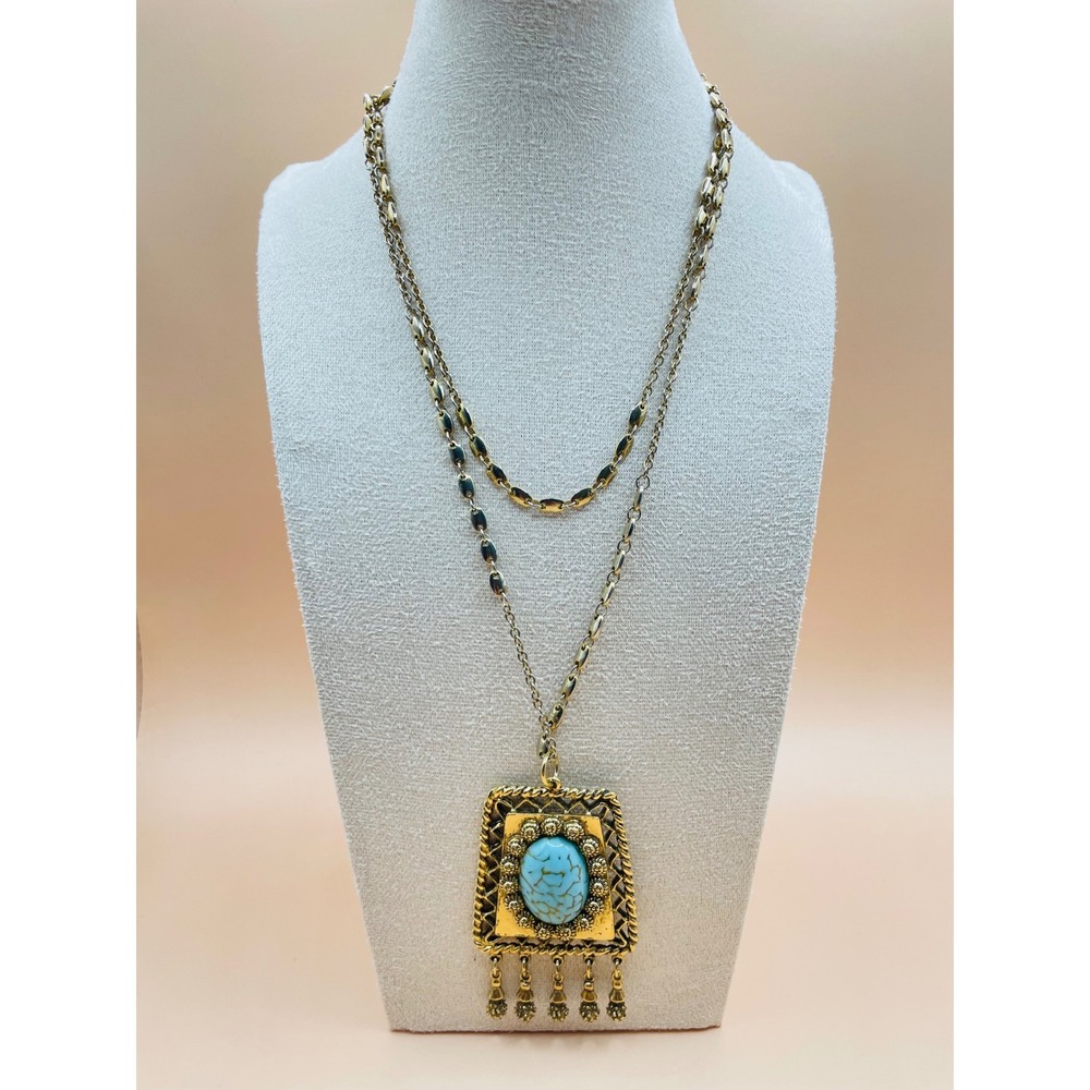 D'Orlan Vintage Faux Turquoise Gold Tone Tassel Pendant Necklace Boho Signed